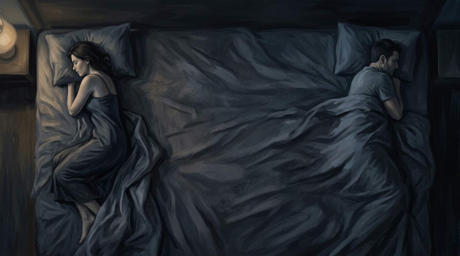 An overhead illustration of a couple lying on opposite edges of a bed, a wide empty space between them