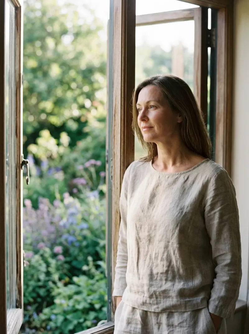A woman standing at an open garden window in warm morning light, settled and hopeful