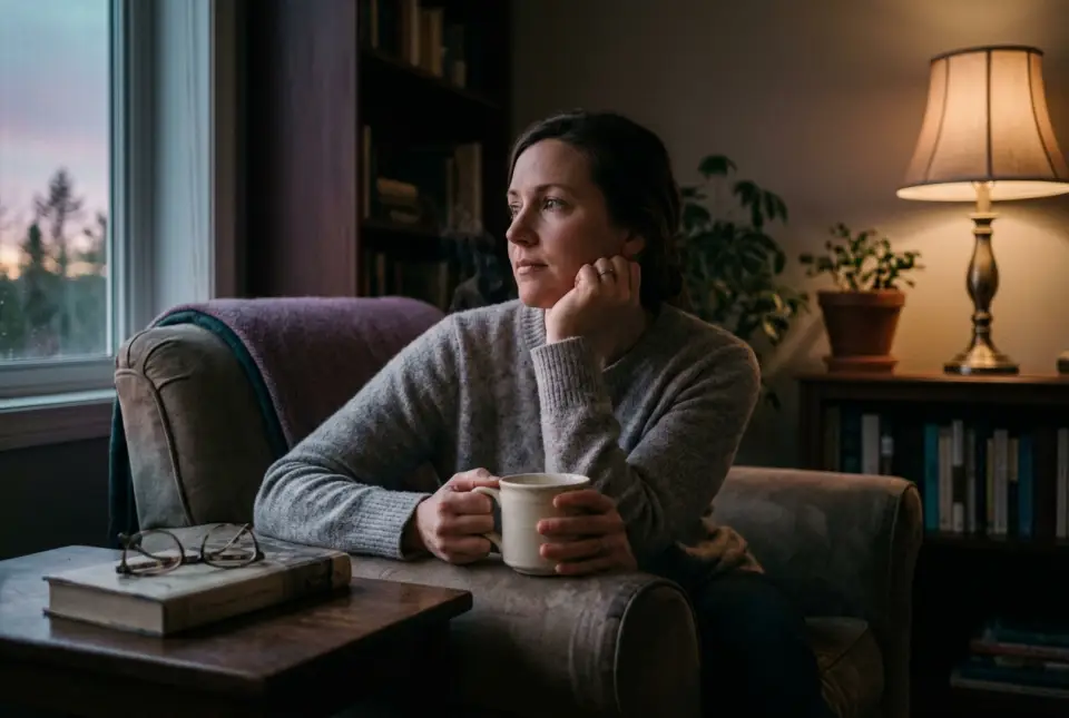 A woman alone in a softly lit room at dusk, a cup of tea cooling beside her