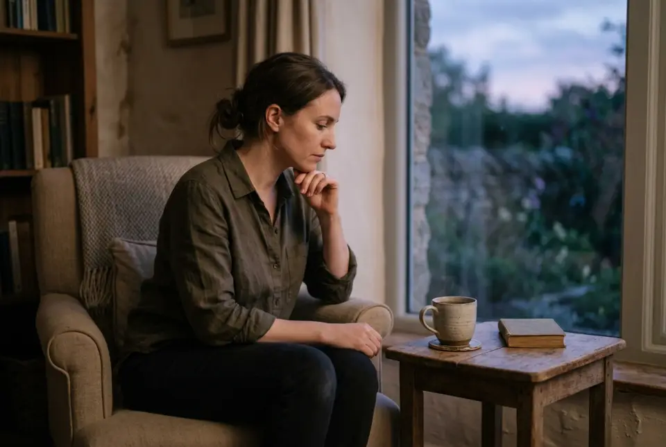 A woman alone in a softly lit room at dusk, a cup of tea cooling beside her