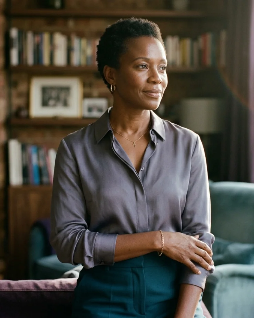 A woman pausing at home in warm morning light, grounded and at rest