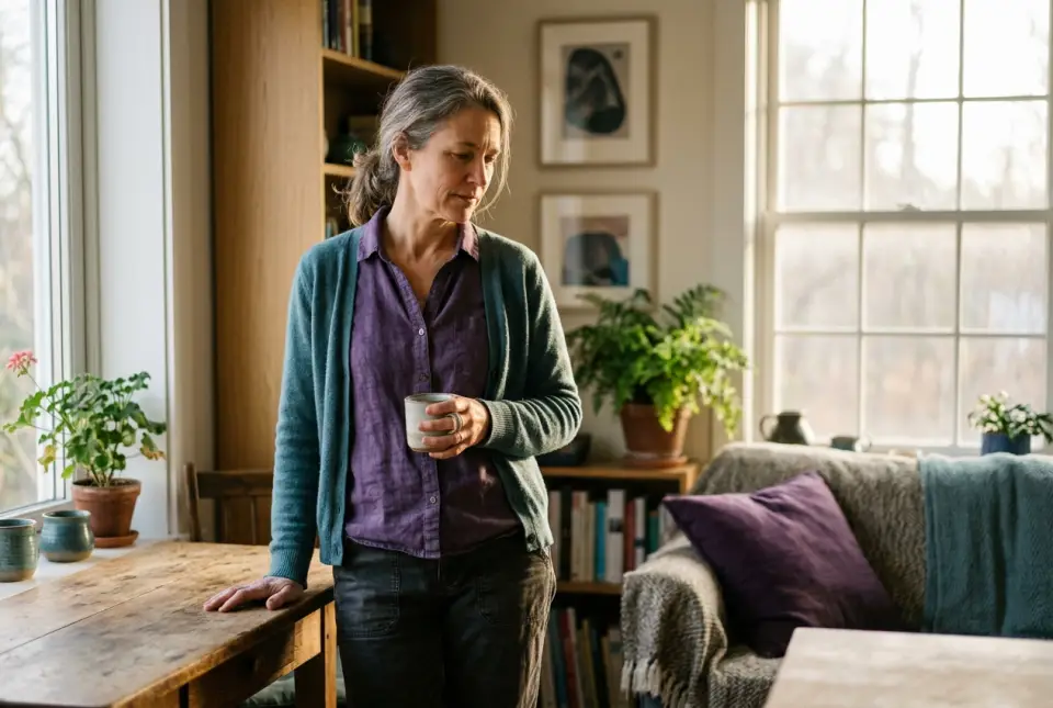 A woman pausing at home in warm morning light, grounded and at rest