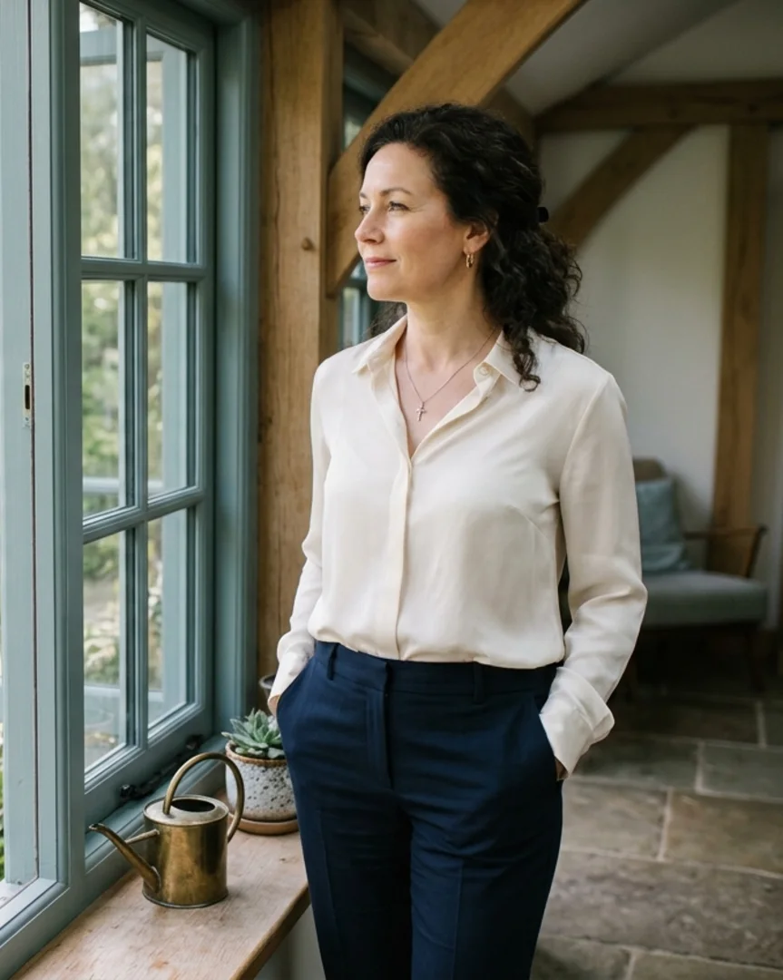 A woman standing at an open garden window in warm morning light, settled and hopeful