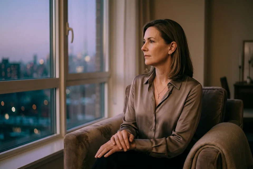 A poised woman alone by a window at dusk, in quiet reflection