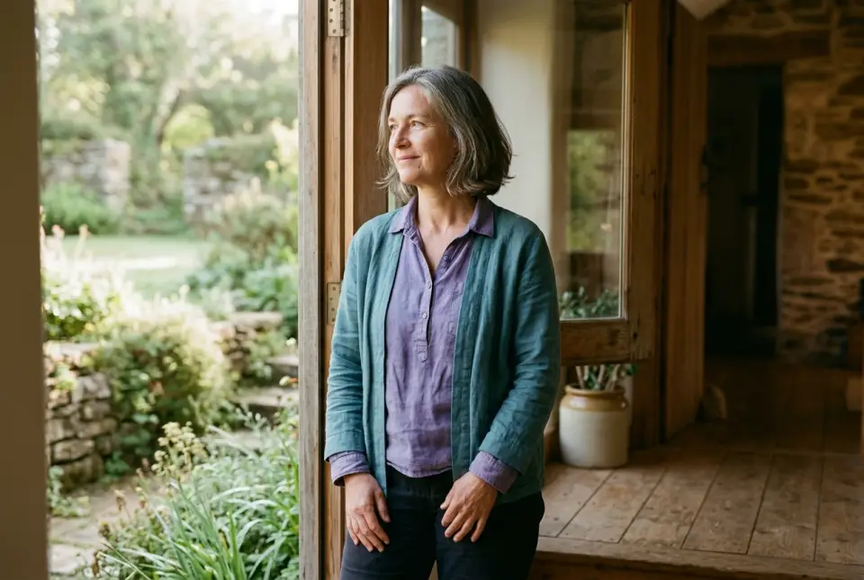 A woman standing in open warm morning light at a garden doorway, settled and hopeful