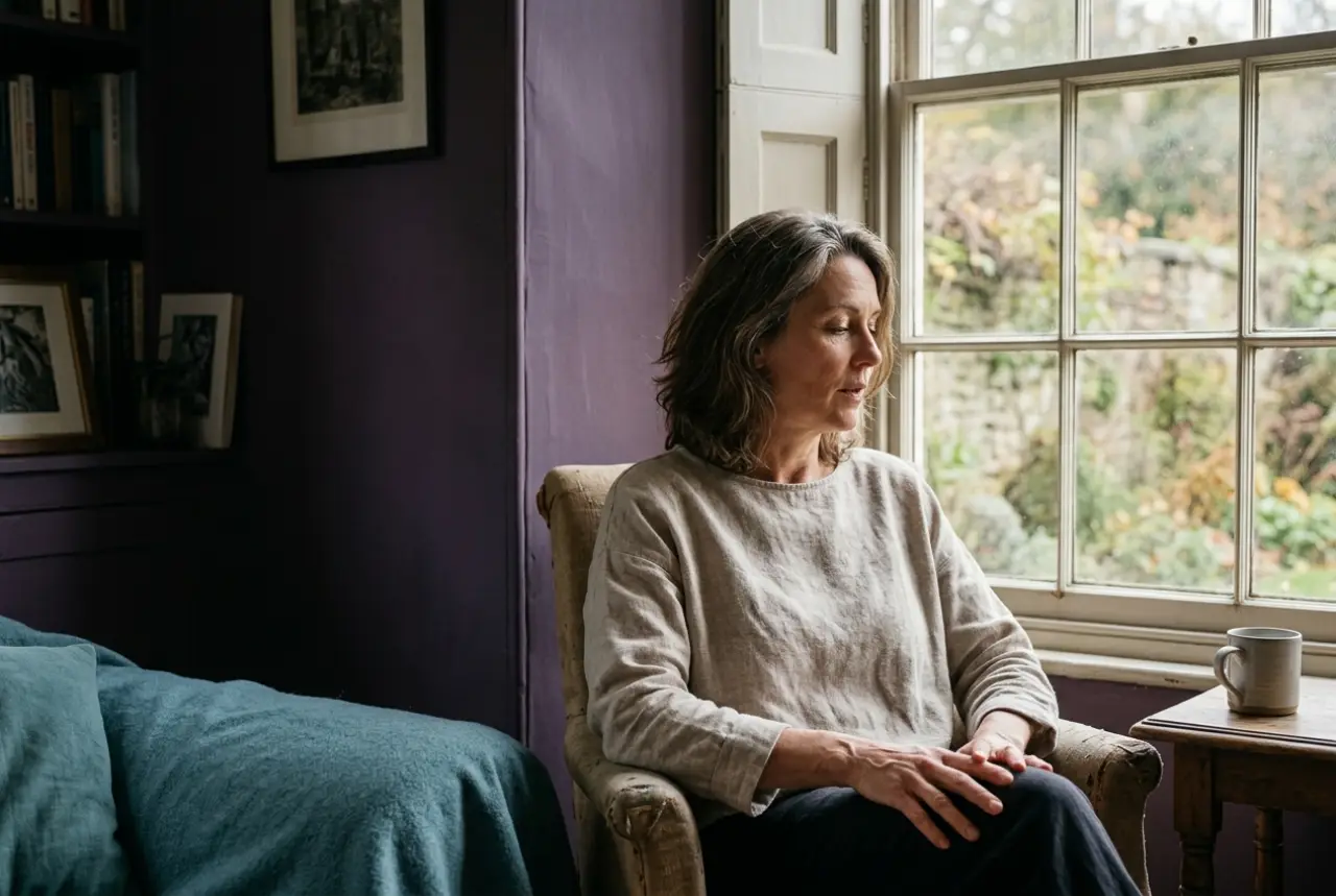 A woman seated beside a large window in soft morning light, hands resting, in a quiet held pause