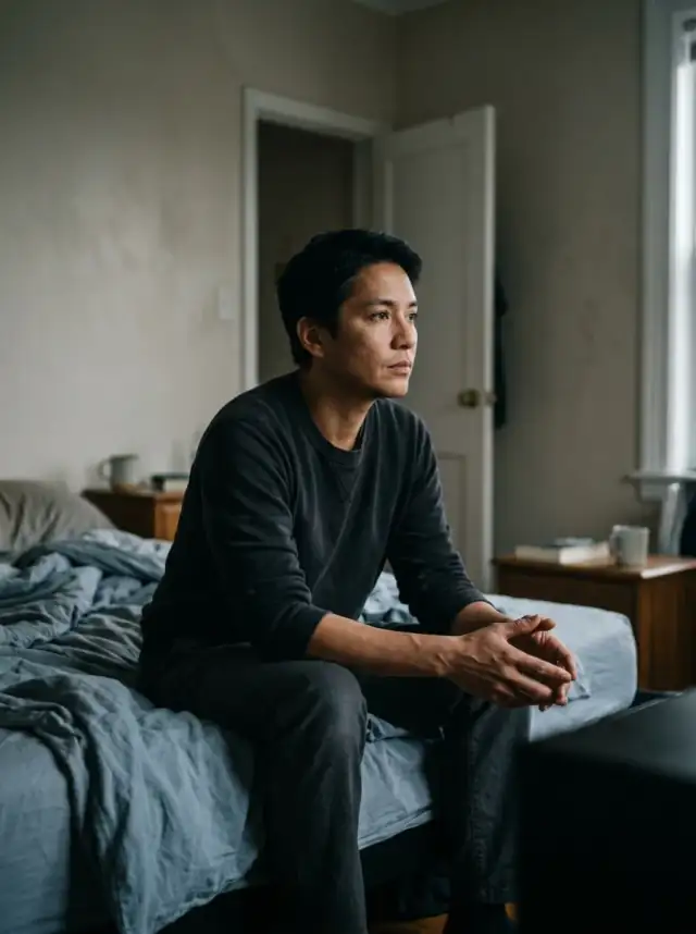 A figure sitting on the edge of an unmade bed at early morning, looking quietly toward a window