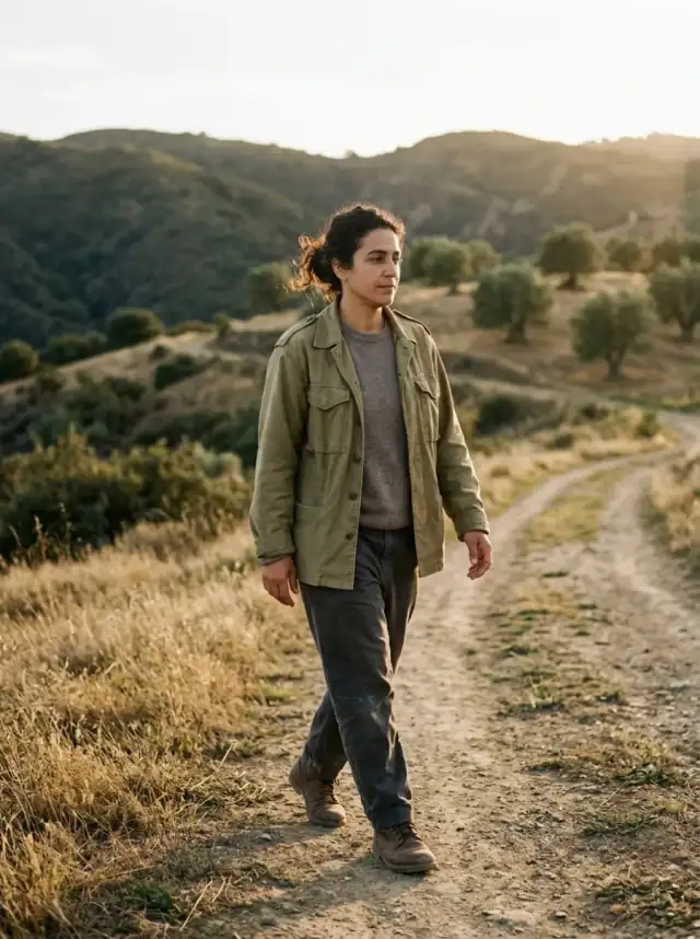 A figure walking along an open path through California foothills at golden hour