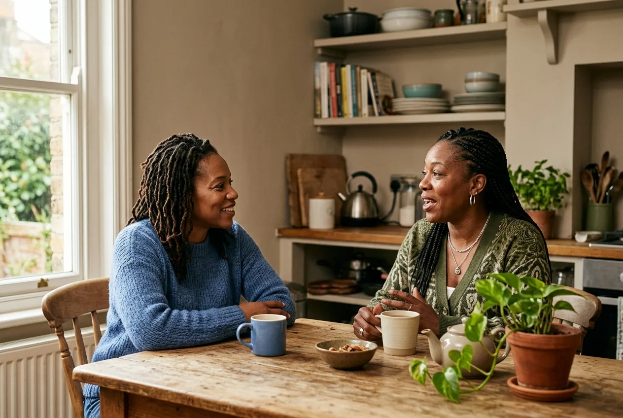 Two women talking across a kitchen table, one listening