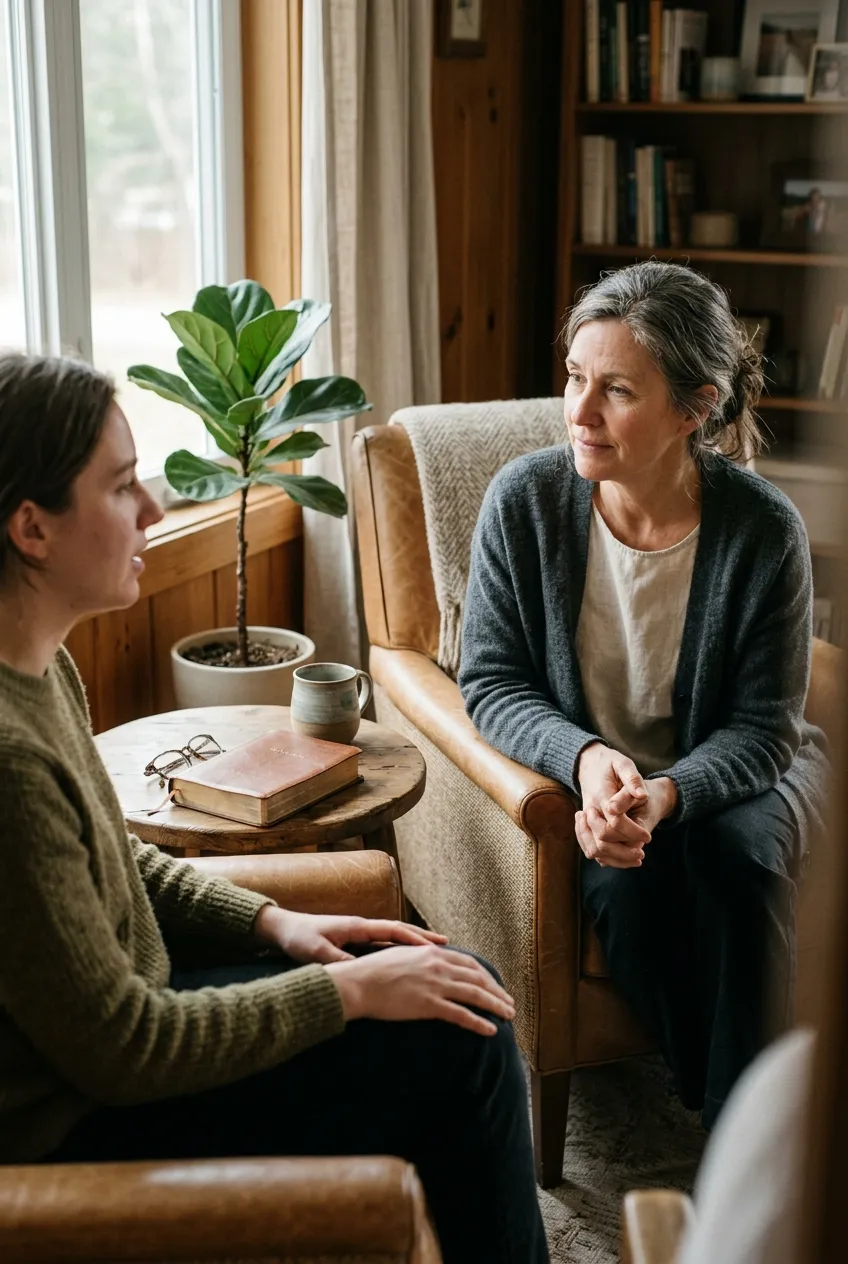 A confidential, faith-aligned counseling conversation at The Pursuit Counseling in Fayetteville, Georgia