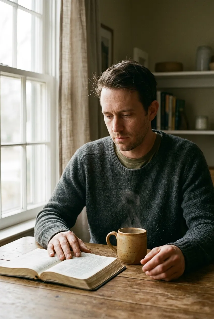 A man sitting with an open Bible in quiet, honest reflection