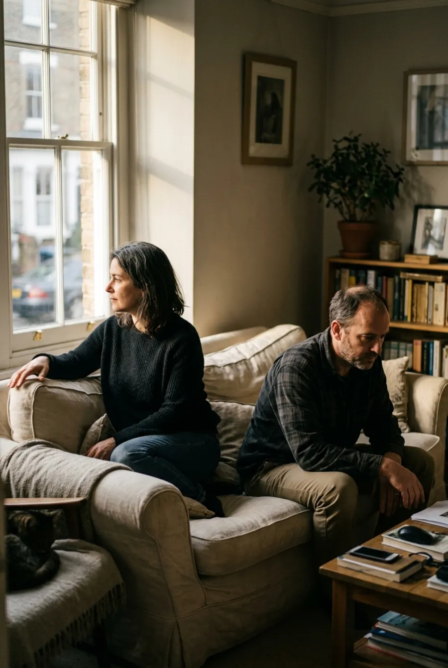 A couple sitting apart in their living room, each looking away in silence