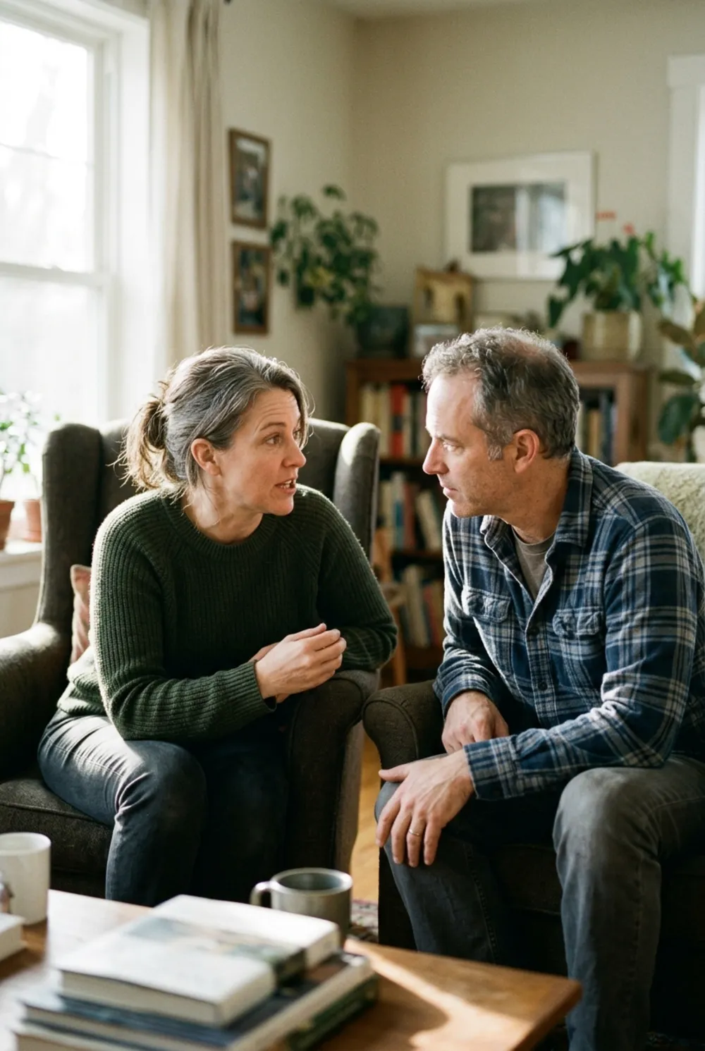 A couple leaning toward each other in honest, engaged conversation