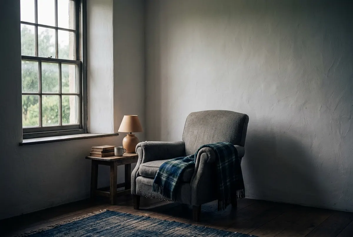 An empty armchair by a window in quiet morning light.