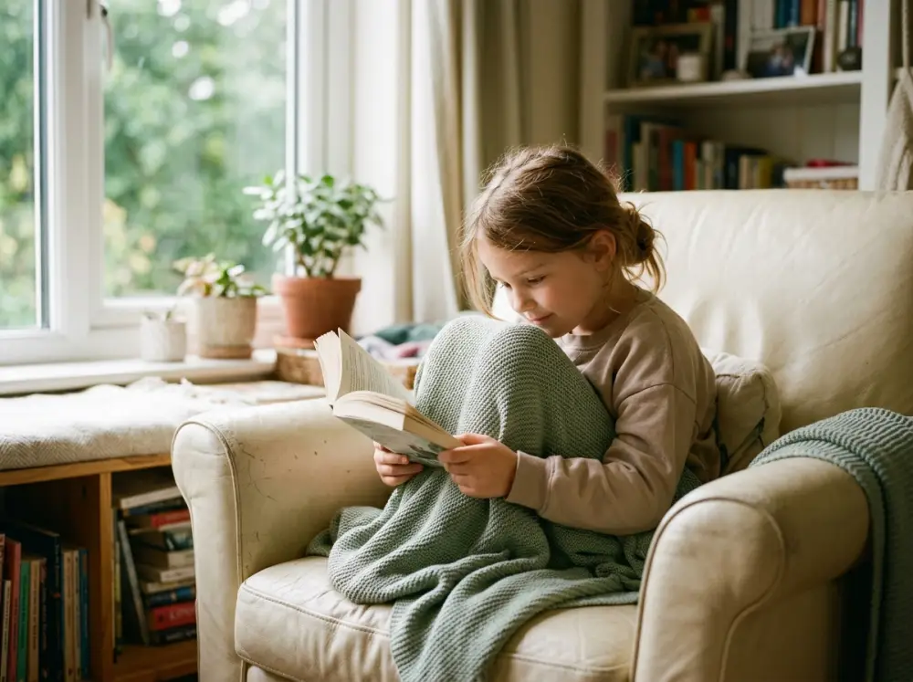 A child curled up in an armchair reading a book by herself, calm and absorbed