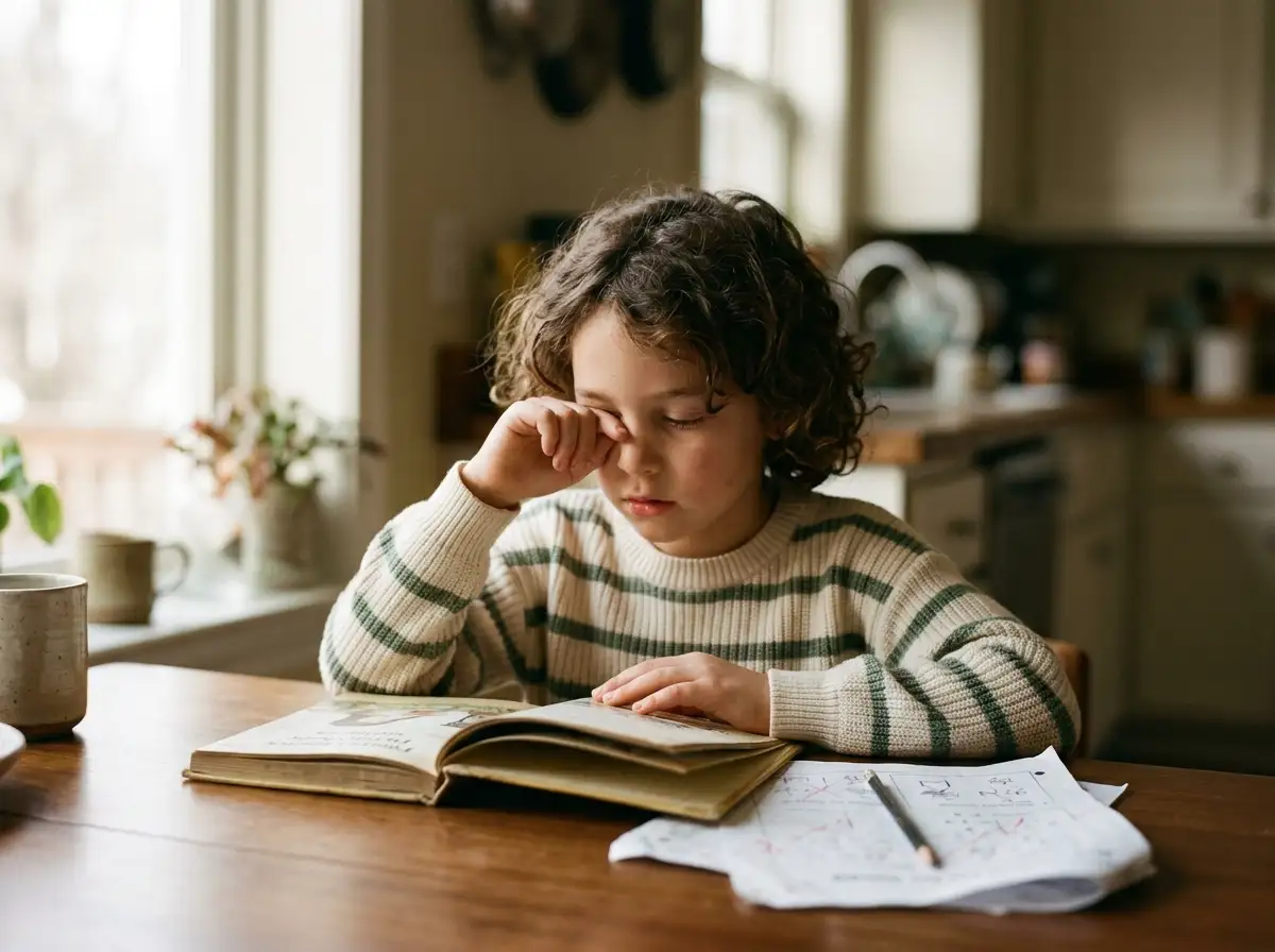A young child at a kitchen table rubbing one eye while trying to read a book